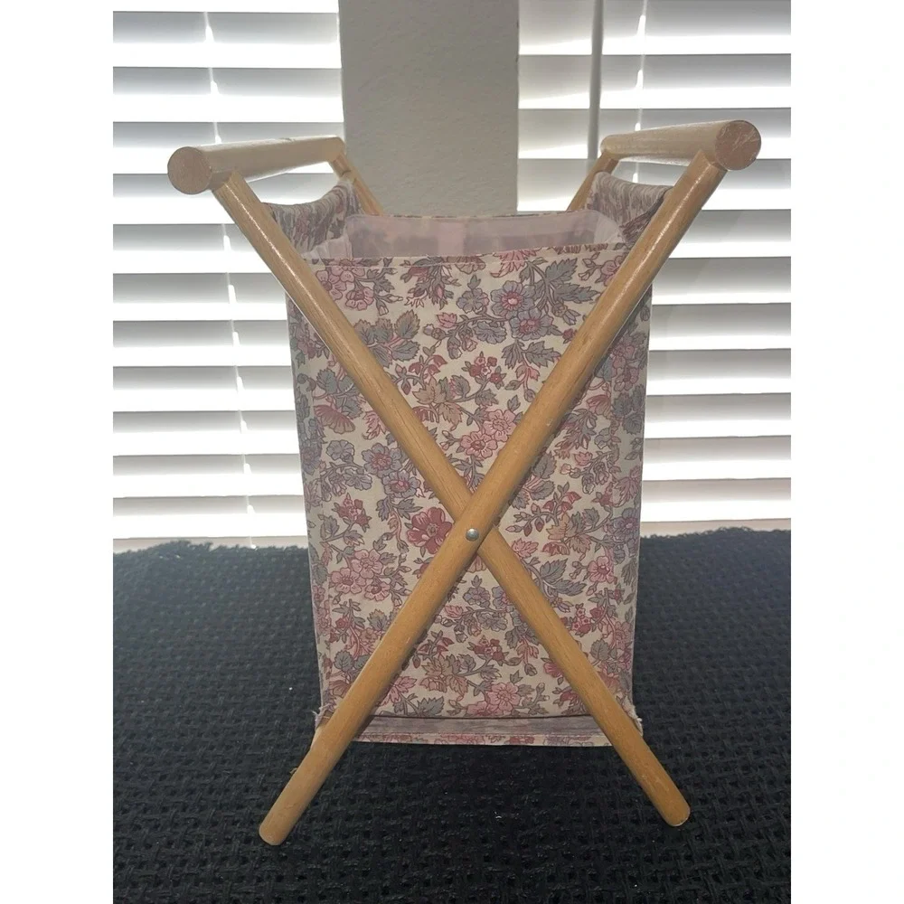 Vintage Foldable Sewing Yarn Knit Crochet Basket Caddy‎ Tote Bag Wood Frame MCM